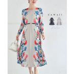 Sから3L対応 ビビッドな花のプリーツミディアムワンピース ベルト付き