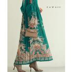 ショッピング細身 ふんわり変形タック袖の華やかなエスニック柄プリーツロングワンピース