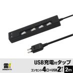 ブラック 延長コード 2m　電源タップ usb付き　雷ガード USB　充電ポート付　電源タップ 　２ポート合計2.4A出力・コンセント4口・2m　 USB 　延長コード