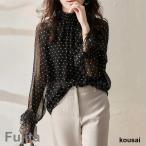 ドット柄ブラウス シースルー 袖透け感 レディース 秋 トップス シャツブラウス 水玉 プルオーバー長袖 ブラウス ゆる 体型カバー きれいめ 通勤OL