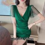ワンピース レディース ショート ドレス パーティー キャバドレス ミニ丈 制服 バー Vネック 半袖 ダンス発表会 ビーチウェア ナイトクラブ おしゃれ 女性衣装