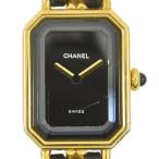 シャネル CHANEL 腕時計 プルミエール Mサイズ レディースウォッチ 黒文字盤 QZ ブラック×ゴールド金具 GP×レザー H0001 レディース 中古 送料無料