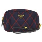 プラダ PRADA ポーチ キルティング ロゴプレート メイクポーチ 化粧ポーチ ネイビー×レッド系 ナイロン 1NE005 レディース 中古 送料無料