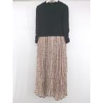 ◇ Feroux リブニット 切替 ダルメシアン柄 プリーツ 七分袖 膝下丈 ワンピース サイズ2 ブラック ピンク レディース P