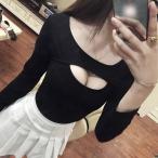 . открытие ta-toru шея свитер женский мода белый черный sexy tops длинный рукав cut da028wy