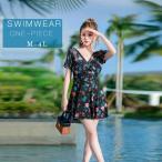 水着 レディース ワンピース 体型カバー フレアスカート風 花柄 大きいサイズ M〜4L フィットネス風 ラッシュガード風 半袖 大人可愛い M-4L ブラック