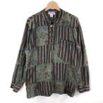 【古着】 柄シャツ 象 ストライプ パッチワーク 民族系 プルオーバー 長袖 グリーン系 メンズS 【中古】 n056946