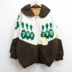 XL/古着 長袖 ビンテージ フルジップ ニット カーディガン カウチン セーター メンズ 60年代 60s ボウリング ラグラン ジョールカラー 茶他