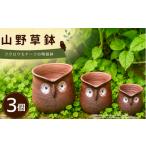 伝統技術 山野草鉢 陶器 手作り フクロウモチーフ 3個