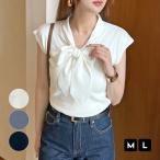 ノースリーブ サマーニット リボン タイ ひんやり 涼しい Tシャツ 大人可愛い フェミニン 上品 カジュアル 韓国ファッション / リボンタイノースリトップス