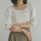 半袖 トップス レディース パフスリーブ スクエアネック パワショル ニット サマーニット リブニット コンパクト 5分袖 2024春夏