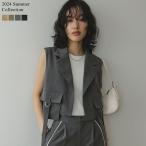 ベスト レディース ライトツイル ミリタリーベスト ポケット ジレ テーラード シングル ノースリーブ ジャケット セットアップ 2024春夏