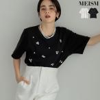 Tシャツ 半袖 カットソー トップス レディース ビジュー付き クルーネック 綿100% 2025春夏