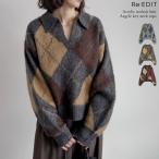 トップス ニット セーター 長袖 レディース 3色 フリーサイズ ポロニット アーガイル Vネック 暖かい 体型カバー プルオーバー 2025秋冬