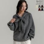 ニット トップス レディース 5色 M/L リボン ニットプルオーバー セーター 襟コンシャス 体型カバー 秋冬