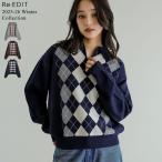 ニット トップス 長袖 レディース 3色 M/L アーガイル柄 ダイヤ柄 ポロニット ポロ襟 ハーフジップ 秋冬