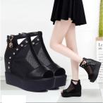 サマーブーツ　ブーツサンダル　ブーティー　ウェッジソール 厚底サンダル　夏　シースルー　7センチヒール　透かし　レディース靴　後ろファスナー付き