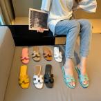 サンダル ミュール Hロゴ H PUレザー PU 歩きやすい 疲れにくい Hデザイン チャンキーヒール　Hミュールローヒール クッションソール