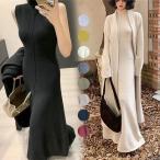 ニットワンピース セットアップ レディース ロングカーディガン アンサンブル ノースリーブ マキシ丈 ハイネック 無地 縦ライン タイト きれいめ