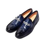 クロコ チェーン ローファー ネイビー くすみ シルバーチェーン レザー  国産 牛革 革靴 紳士靴 メンズ シューズ 別注 バジョルゴ BajoLugo