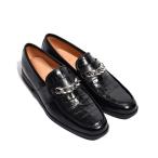 クロコ チェーン ローファー クロコ型押しブラック × スムースブラック シルバーチェーン レザー  国産 革靴 紳士靴 メンズ シューズ バジョルゴ