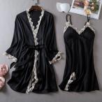 セクシーパジャマ 女性薄手ルームウェア パッド付き ランジェリー ワンピース 前開きガウン 寝間着 ネグリジェ キャミワンピース 春夏パジャマ２点セット 部屋着