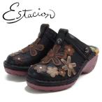 エスタシオン Estacion 革 花モチーフ ヒールアップカジュアルミュール