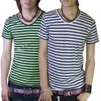 【閉店セール】後染めマルチボーダーUネックカットソー　922-017　ライムブラック 在庫一掃セール オレンジブラック　サックスネイビー