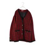 ミュウミュウ スパンコール チェック カーディガン ノーカラージャケット サイズ_38 レッド ブラック ツイード ウール MIUMIU 【中古】