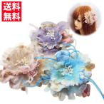 コサージュ 結婚式 高品質なプリントの素材を使用したダリア コサージュ ふわふわ羽根＆クリスタルガラス付き 和風な雰囲気
