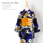 浴衣 セット　レディース　2点 レトロ シック　粋　黒　古典柄　朝顔　あさがお　浴衣セット　浴衣/細帯　女性　レディース　大人浴衣　フリーサイズ