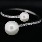 爆買 サイズフリー/計0.125カラット パール2粒 ハーフエタニティ リング/指輪/レディース/プラチナ仕上げ