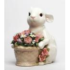 ホワイトバニーと花カゴ置物 白うさぎ w/フラワー バスケット