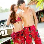 Yahoo! Yahoo!ショッピング(ヤフー ショッピング)2021年新作【送料無料】ペア水着 ペア 水着 カップル水着 レディース ビキニ 体型カバー 大きいサイズ 花柄 4点セット パレオ付 カップル ペアお揃い