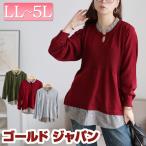 大きいサイズ レディース トップス ニット 長袖 ドッキング シャツ フェイクレイヤード ストライプ 秋コーデ 秋 冬 春 LL 2L 3L 4L 5L 杢グレー ワイン カーキ