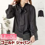 大きいサイズレディース トップス ブラウス シャツ リボンタイブラウス リボンタイ ボウタイ リボン ボリューム袖 長袖 ボタン 通勤 オフィス フォーマル 無地