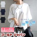 大きいサイズ レディース トップス Tシャツ カットソー 接触冷感袖コンシャスカットソー Vネック ロング 春服 夏服 LL 2L 3L 4L 5L オフホワイト 紺 黒