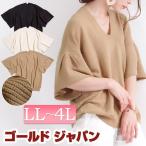 大きいサイズ レディース トップス カットソー 半袖 フレア サマーニット Vネック 春 夏 秋 LL 2L 3L 4L ベージュ キャメル ブラック ゴールドジャパン