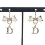 ディオール Dior ラインストーン リボンモチーフ ロゴ ピアス シルバー