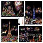 LIANHATA scratch искусство 4 листов входит scratch первоклассный авторучка имеется 21*29cm A4 размер scratch бумага Rainbow . ночь . фейерверк просмотр машина 