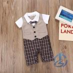 ベビーロンパース 子供服 ベビー服 男の子 カバーオール フォーマルスーツ ioso つなぎ チェック 長袖 蝶ネクタイ ベスト セットアップ風 重ね着風