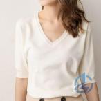 サマーニットシャツ tシャツ セーター ブラウス 5分袖ニット Vネック 無地 春 ioso 夏 秋 ニット レディース 重ね着 トップス 通勤 通学 オシャレ