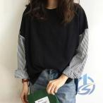 ブラウス Tシャツ レディース 長袖 シャツ トップス 異素材 切り替え ioso 無地 ストライプ サイドスリット ゆったり 通学通勤 カットソー 長袖ブラウス 春服