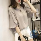 ブラウス レディース 半袖 シャツ 無地 春 夏 プルオーバー ゆったり ioso フレア オフィス シフォン OL 着痩せ 普段着 涼しい 吸汗速乾 快適 体型カバー 上品