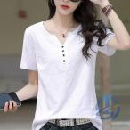 カットソー Tシャツ レディース 半袖 綿 vネック 大きいサイズ トップス ioso コットン 体型カバー 上着 夏服 着痩せ ゆったり 無地 おしゃれ
