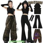キッズダンス衣装 セットアップ 黒 トップス へそ出し フード付き 袖カバー付き パンツ ヒョウ柄 ロング丈 韓国風 ジャズダンス 衣装 キッズダンス 女の子 カッ
