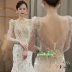 花嫁 ウェディングドレス マーメイドドレス スイートハートネック プリンセスライン 白ドレス トレーンドレス 長袖 ワンピース プリンセス