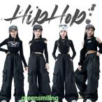 黒系 キッズ ダンス衣装 女の子 トップス 長袖 セットアップ  カーゴパンツ ロングパンツ へそ出し 子供服 ヒップホップ ゆったり キッズ ダンス セットアップ