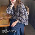 ブラウス レディース きれいめ 40代 秋新作 長袖ブラウス 花柄シャツ パフスリーブ Vネック シフォントップス オシャレカジュアル 韓国風 ゆったり 大人可愛い