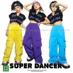 ダンス衣装 キッズ K-POP 韓国 ガールズ ヒップホップ 子供ダンス服 ダンスウェア セットアップ ヘソ出しトップス カーゴパンツ 黒 黄色 紫 水色